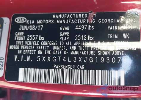 2018 Kia Optima S из США, поврежденный, VIN 5XXGT4L3XJG193079